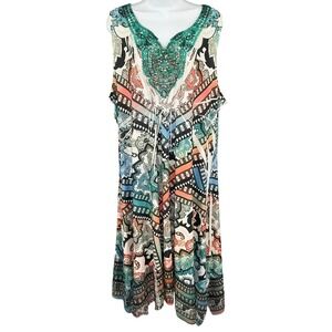 One World Maxi Dress 3X Multicolor Boho Paisley Geometric‎ Print Sleeveless USA